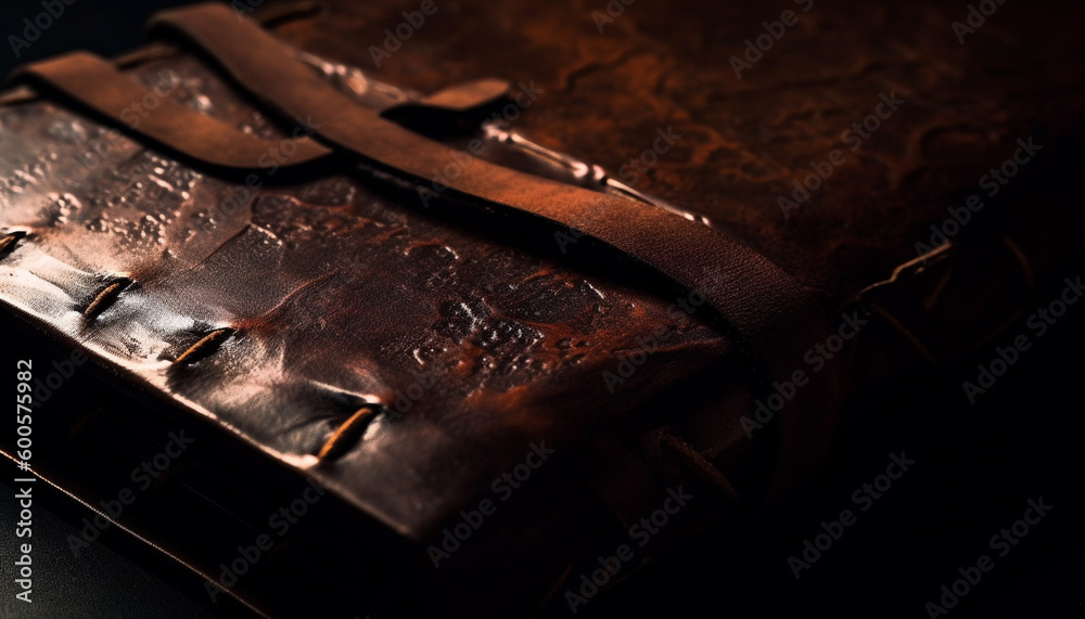 Rusty steel handle on ancient leather book generated by AI