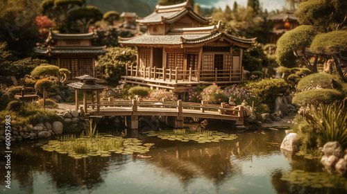 Beautiful Japanese garden with traditional architecture
