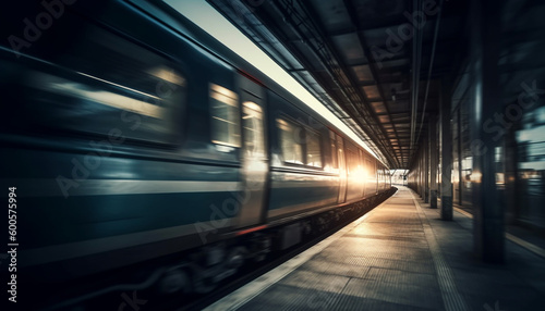 Rush hour train leaving station, blurred motion generated by AI