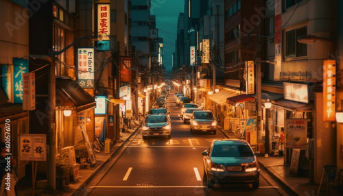 Neon lights illuminate crowded city streets at night generated by AI © djvstock