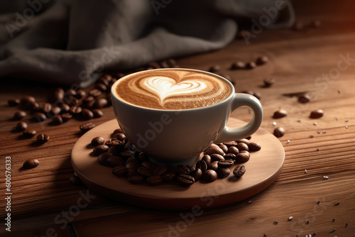 Fototapeta Cup of coffee latte with heart shape and coffee beans on old wooden background. Generative AI