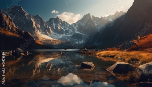 Majestic mountain range reflects tranquil scene at dusk generated by AI
