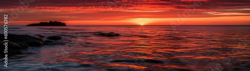 A vibrant sunset over a calm ocean reflecting brilli. Horizontal banner. AI generated © ArtStage