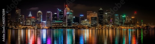 A vivid city skyline at night full of twinkling ligh. Horizontal banner. AI generated © ArtStage