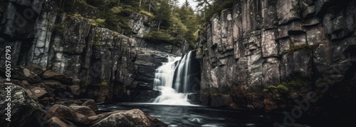 A waterfall cascading down a rocky cliff. Horizontal banner. AI generated