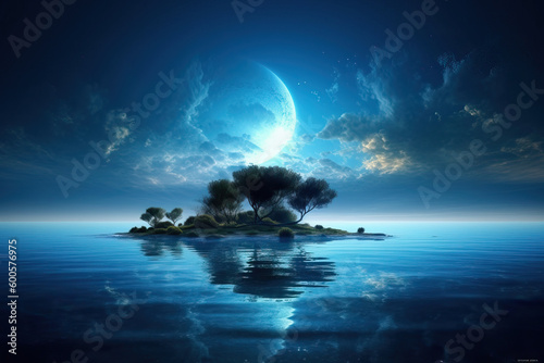 New earth nature with water, beautiful oneness bright nature blue star and siland in middle, reflection in water, Feauture Concept, Generative AI photo