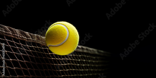 Yellow tennis ball flying into the tennis net on black background. Banner with free space for text. Generated by AI photo