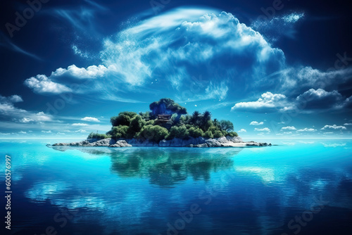 New earth nature with water, beautiful oneness bright nature blue star and siland in middle, reflection in water, Feauture Concept, Generative AI photo