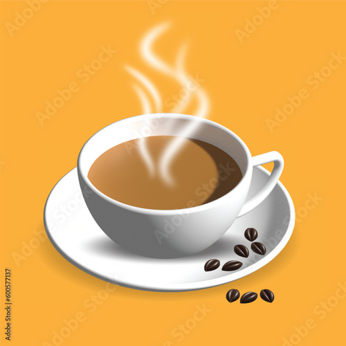 White coffee mug with steam on a saucer with coffee beans isolated on orange background  coffee cup mockup empty for typing and logos  realistic 3d white coffee cup. Vector illustration