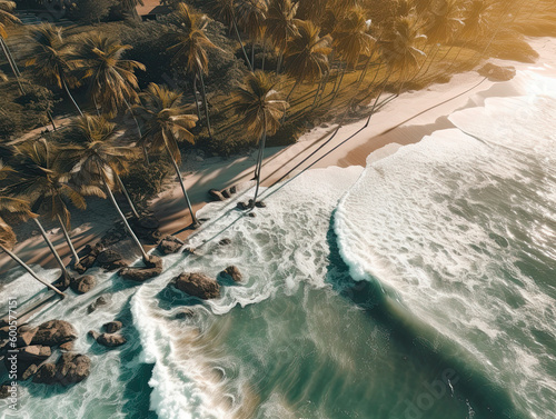An aerial view of a beach and palm trees created with Generative AI technology © Joschua