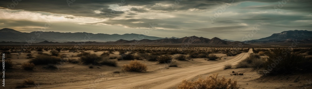 Fototapeta premium An expansive desert with a dramatic sky. Horizontal banner. AI generated