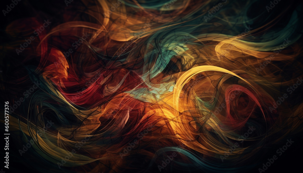 Vibrant colors flow in smooth abstract curves generated by AI