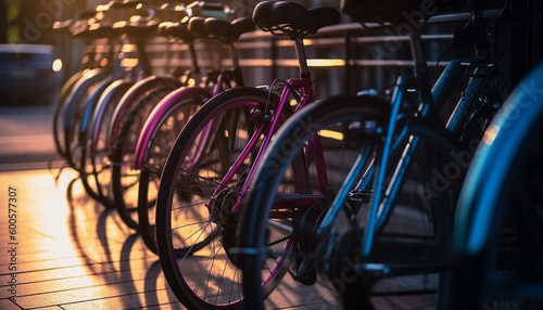 Metal bicycle wheel reflects city street traffic lights generated by AI