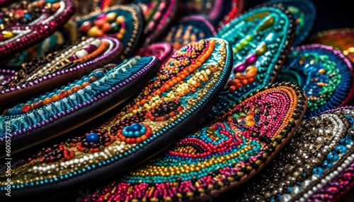 Colorful ethnic accessories adorn the vibrant market generated by AI © djvstock