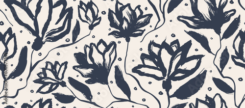 flowers hand drawn seamless pattern. ink brush texture.