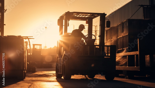 Men driving forklift at construction site at dusk generated by AI
