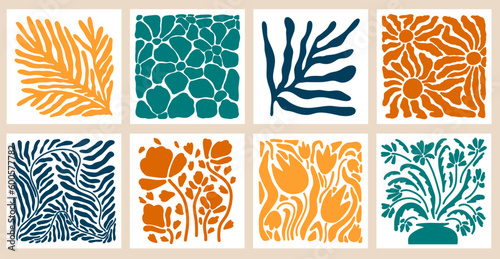 Aesthetics of Matisse's curves. Groovy abstract postcards with patterns. Flower drawings, botanical art. Fashionable organic style of naive retro hippies of the 60-70's. Mother's Day vector background