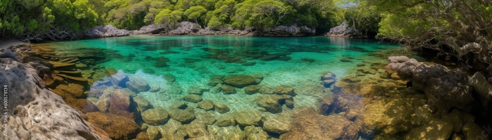 Crystal clear waters surrounded by lush vegetation. Horizontal banner. AI generated Crystal clear waters surrounded by lush vegetation. Horizontal banner. AI generated