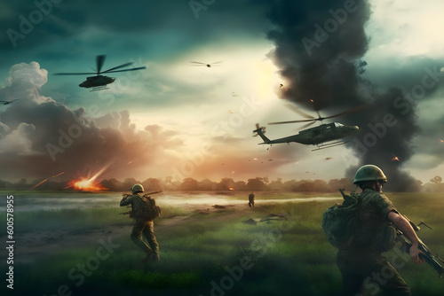 Vietnam war with helicopters and explosions. Neural network AI generated art Generative AI photo