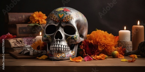 Painted human skull for mexicos day of the dead el dia de muerto, created with Generative AI technology photo