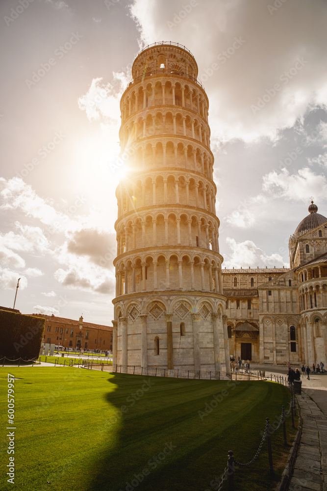 Vacation in Italy: Famous Italian Pisa Tower with sunshine