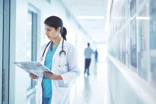 Photo of a female doctor healthcare physician worker looking at x - ray clipboard in a bright hospital hallway. Ai generative.
