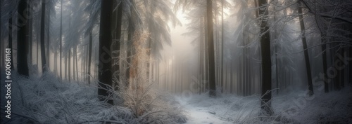 The majesty of a winter forest blanketed in snow. Horizontal banner. AI generated © ArtStage