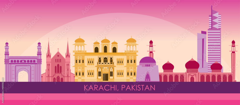 Sunset Skyline panorama of city of Karachi, Pakistan - vector illustration