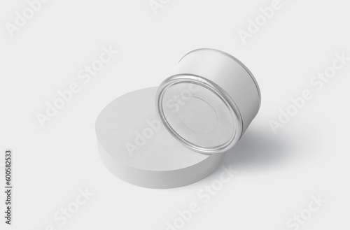Blank white conserve can with lid mock up, 3d rendering. Empty canned jar mockup isolated. 3D illustration.