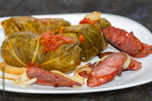 Traditional Ukrainian food known as "holupti", cabbage rolls stuffed with minced meat and rice. Cartridges and cabbage