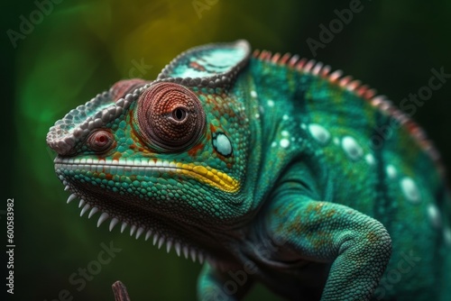 Green colored chameleon close up. AI generated  human enhanced