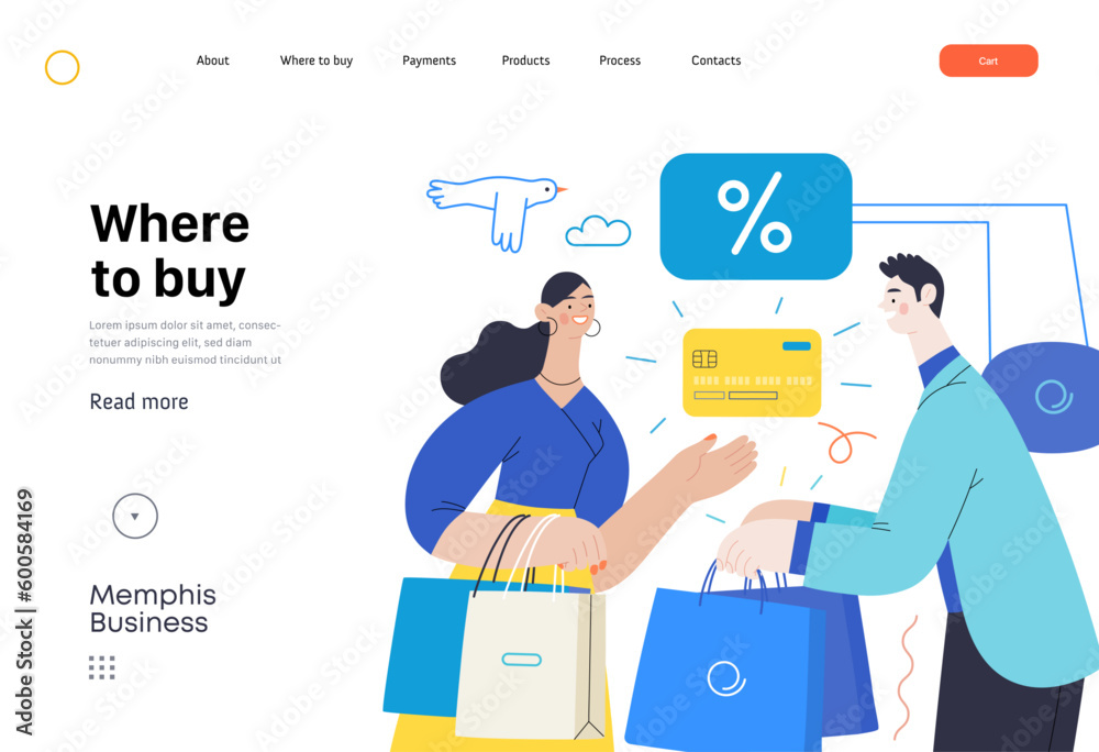 Memphis business illustration. Where to buy -modern flat vector concept illustration of a woman paying with her credit card for purchase to a consultant in a shop. Commerce business sales metaphor. Memphis business illustration. Where to buy -modern flat vector concept illustration of a woman paying with her credit card for purchase to a consultant in a shop. Commerce business sales metaphor.