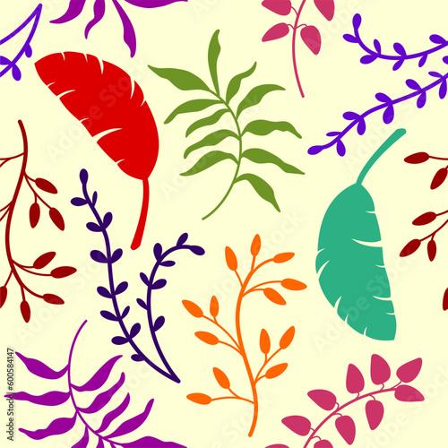 Seamless design of various simple and minimalist leafisolated on cream background. Colorful leaves. photo