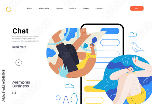 Memphis business illustration. Chat -modern flat vector concept illustration of people chatting in a phone messenger app, conversation, relations. Commerce business sales metaphor.