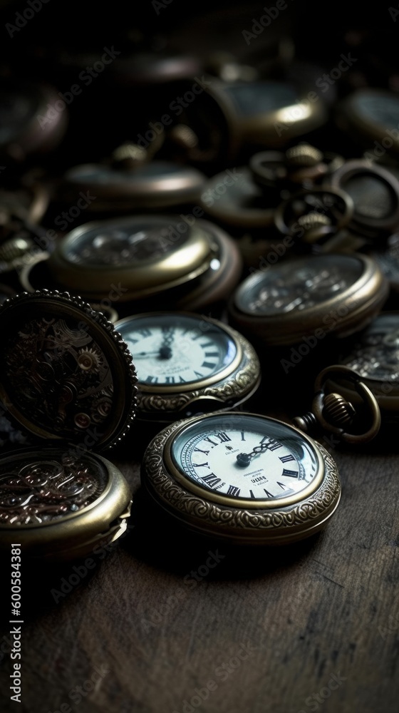 An old fashioned pocket watch pile. Generative AI. An old fashioned pocket watch pile. Generative AI.