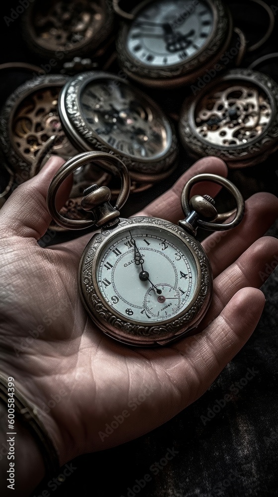 An old fashioned pocket watch in a hand. Generative AI. 