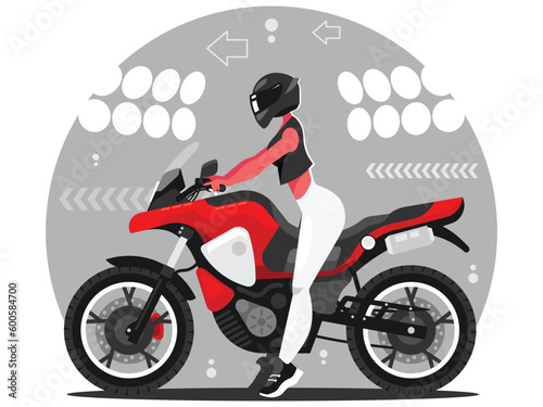 Woman on motorbike. Girl sits on a bike. Sports motorcycle. Vector graphics