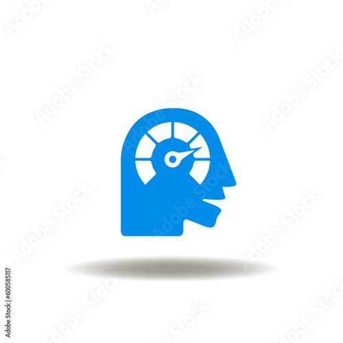 Vector illustration of head and indicator or speedometer. Icon of IQ EQ test, skills development. Symbol of intelligent measurement. Sign of psychology.