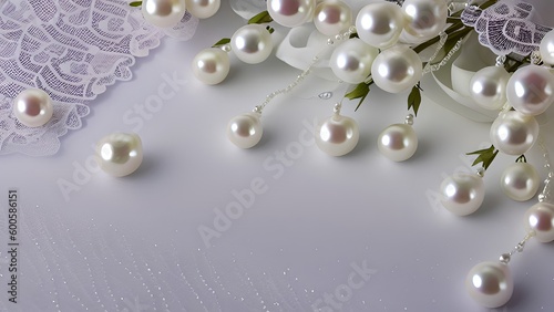 Timeless Elegance: A Delicate Touch of White Lace and Pearls on a Grey Background photo