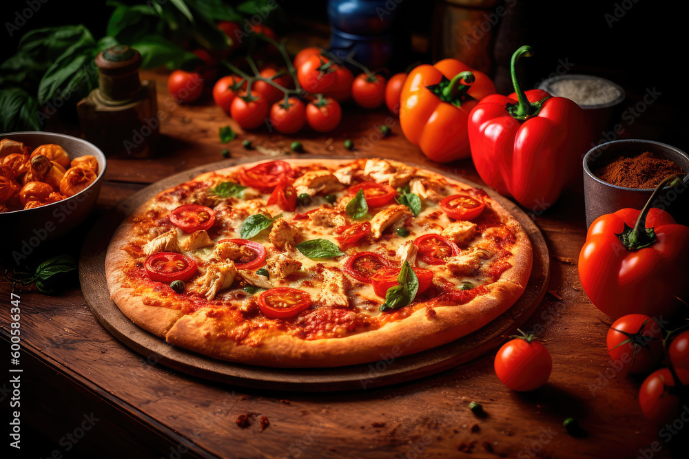 Pizza with chicken and tomatoes in a modern setting. Generative AI