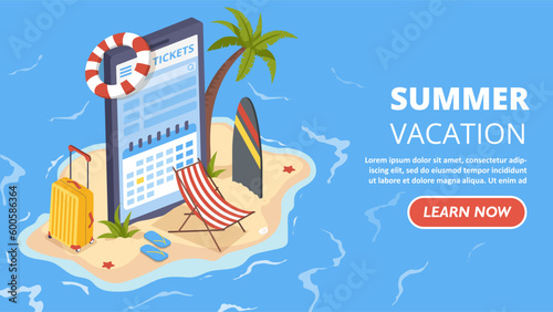 Isometric summer vacation. Sand with sun lounger and surfboard. Smartphone with calendar, mobile application for hotel booking. Travel and holiday. Landing page design. Cartoon vector illustration