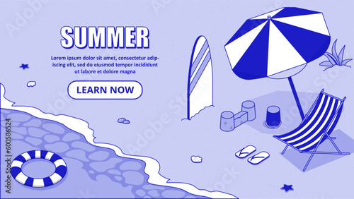 Isometric summer beach. Umbrella with deck chair on coast near surfboard. Holidays in tropical and exotic countries. Resort and paradise. Landing page design. Cartoon vector illustration