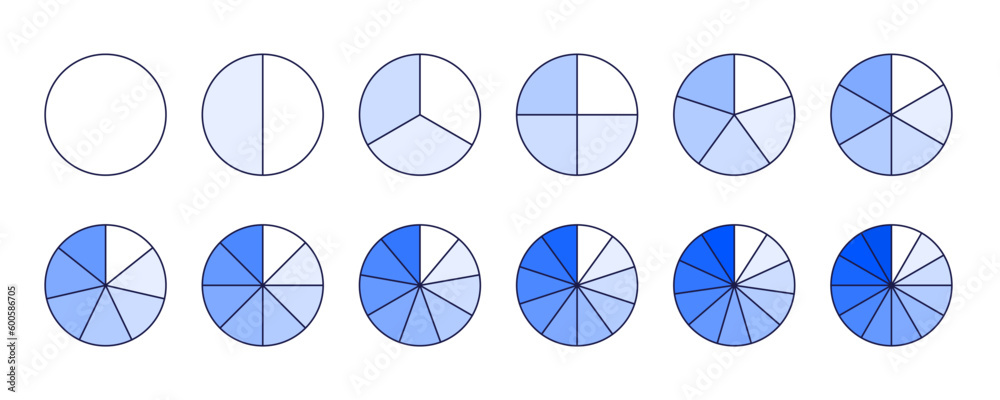 Circle segments collection. Shades of blue color pie diagrams set. Round sections and slices pack. From 1 to 12 segments of infographic charts. Different phases and stages of cycle. Vector bundle