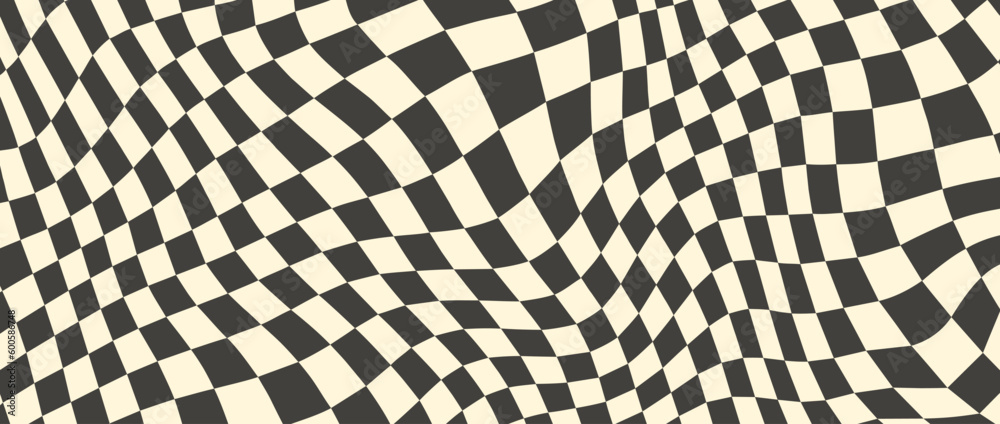 Trippy checkerboard background. Retro psychedelic checkered wallpaper. Wavy groovy chessboard surface. Distorted geometric pattern. Abstract vector backdrop - obrazy, fototapety, plakaty 
