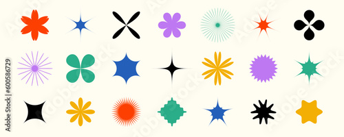 Abstract stars and flowers shapes collection. Primitive geometric forms set in Swiss or bauhaus style. Brutalist elements pack for posters, banners, collages. Big bundle of vector signs. 