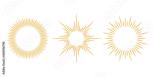 Golden sunburst frames set. Retro gold sun light rays element collection. Vintage radial rays, sunbeams, firework or explosion for emblem, logo, tag, stamp, banner, sticker. Vector design elements 