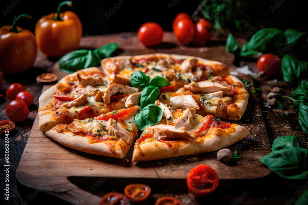 Pizza with chicken and tomatoes in a modern setting. Generative AI