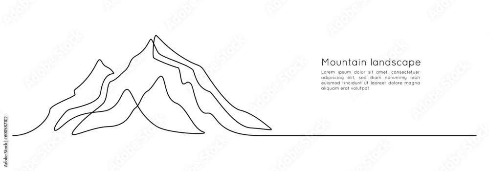 One continuous line drawing of mountain range landscape. Web banner with mounts in simple linear style. Adventure winter sports concept in editable stroke. Doodle vector illustration - obrazy, fototapety, plakaty 
