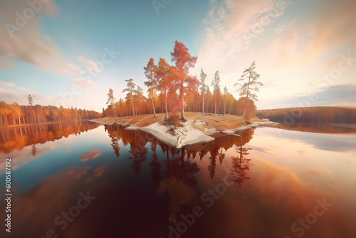 Autumn landscape near the lake. Neural network AI generated art Generative AI photo