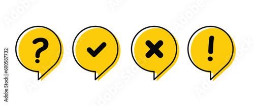 Icon set of check mark, cross, question mark, exclamation point, information icon. FAQ sign. Tick, question, information and answers mark. Help symbol. Vector illustration